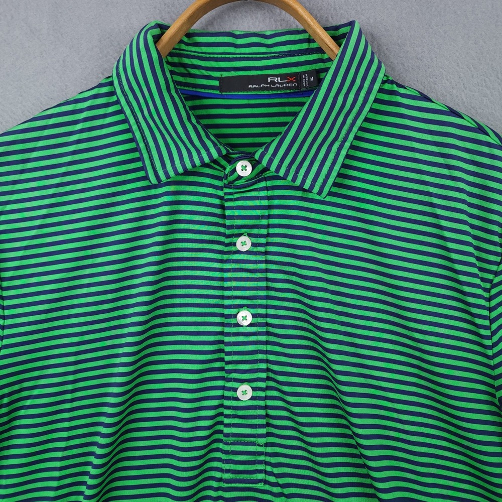 RLX Ralph Lauren Mens Medium Green‎ Blue Striped Short Sleeve Performance Polo